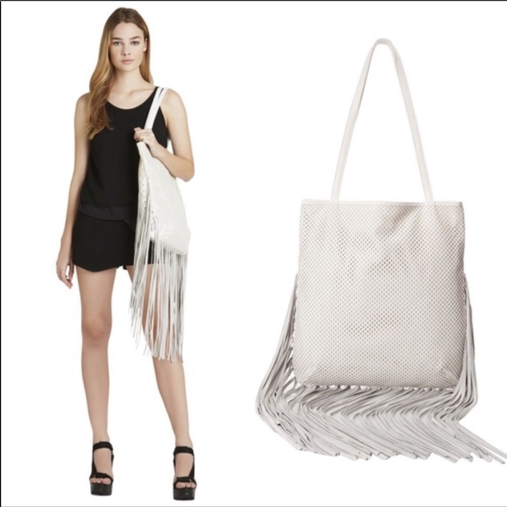 BCBGeneration faux leather tote bag white fringe
